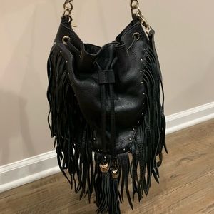 Black Leather Fringe Bucket Bag + Backpack